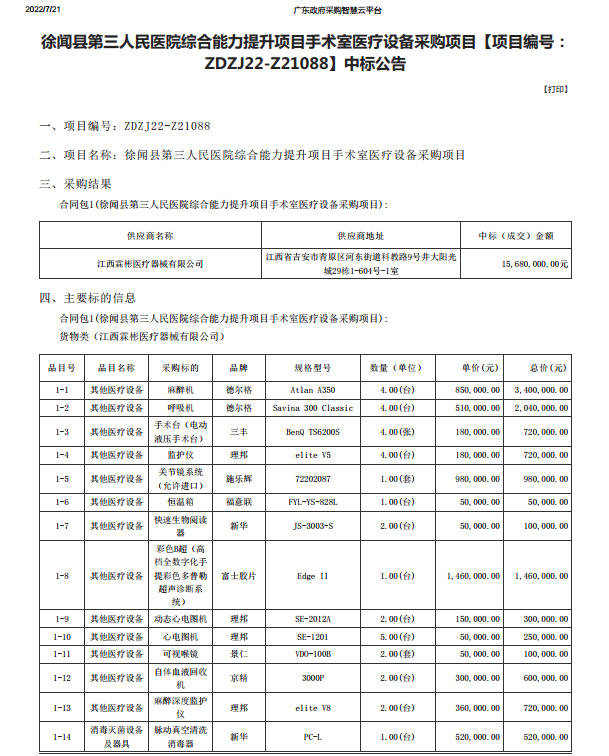 徐聞縣第三人民醫(yī)院綜合能力提升項(xiàng)目手術(shù)室醫(yī)療設(shè)備采購項(xiàng)目【項(xiàng)目編號(hào)： ZDZJ22-Z21088】中標(biāo)公告(圖1)